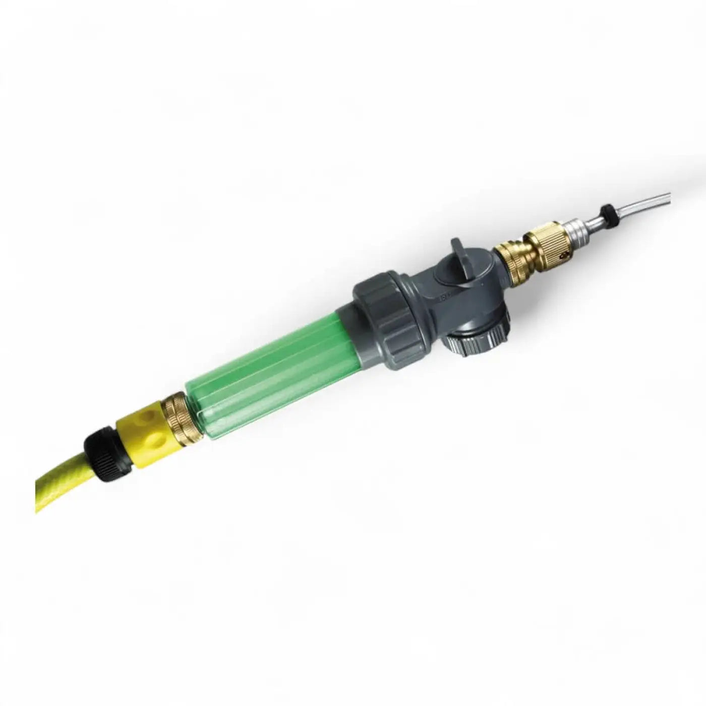 Unger hiflo seifendosierer hcdeu grün transparenter kunststoffschlauch mit messinganschlüssen und schwarzen kappen am gelben gartenschlauch