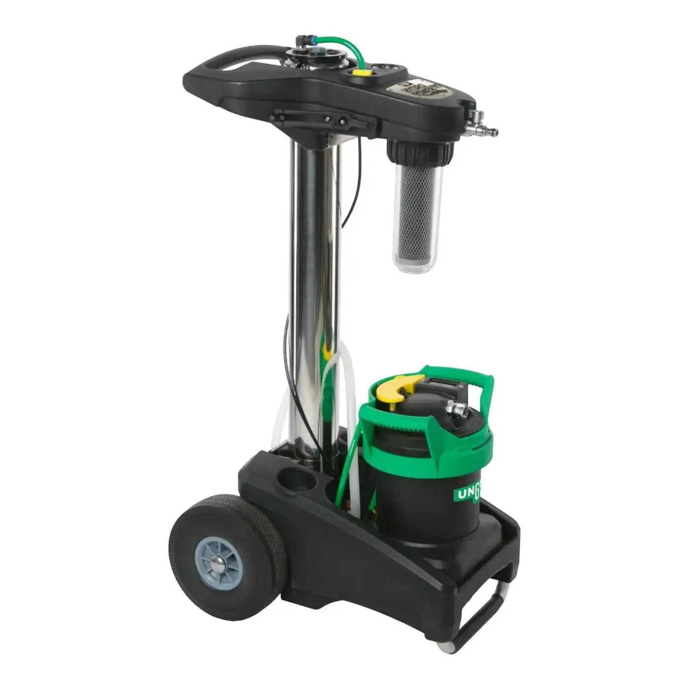 Schwarze und grüne industrielle bodenreinigungsmaschine unger hydropower nano filter komplett mit edelstahl Säule und transparentem filtergehäuse