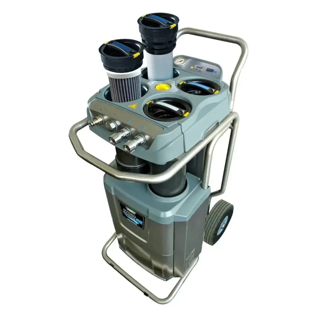 Grauer industrial-grade wasserfilterwagen mit schwarzen und gelben filtergehäusen, metallgriffen und rollenbasis unger hydropower ro m sky high rise set himod 22,20m
