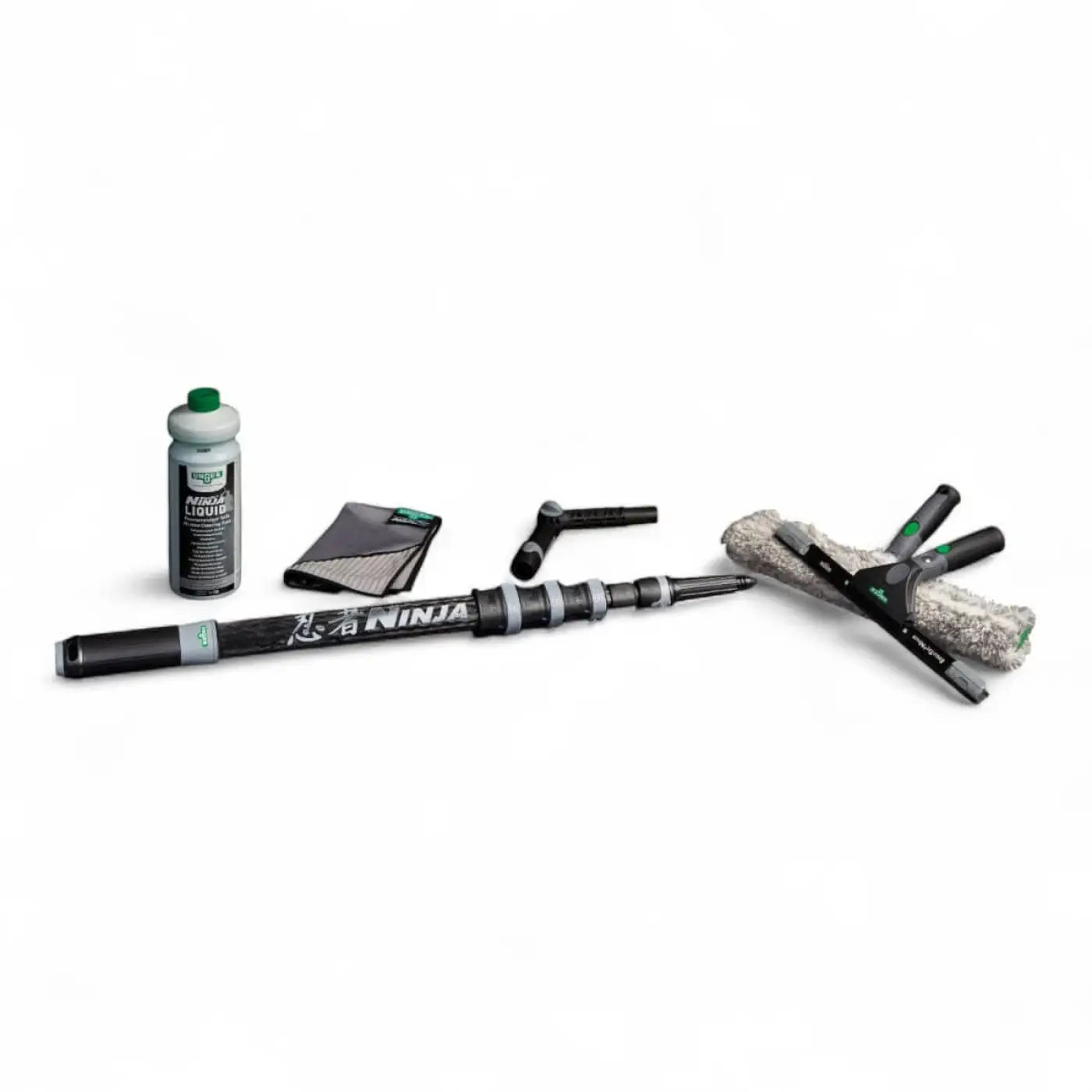 Ungers ninja 6in1 carbon-stangen-set akn19 glasreinigungsset mit schwarzem und grünem teleskopgriff, mikrofaserhandschuhen und glasreinigerflasche