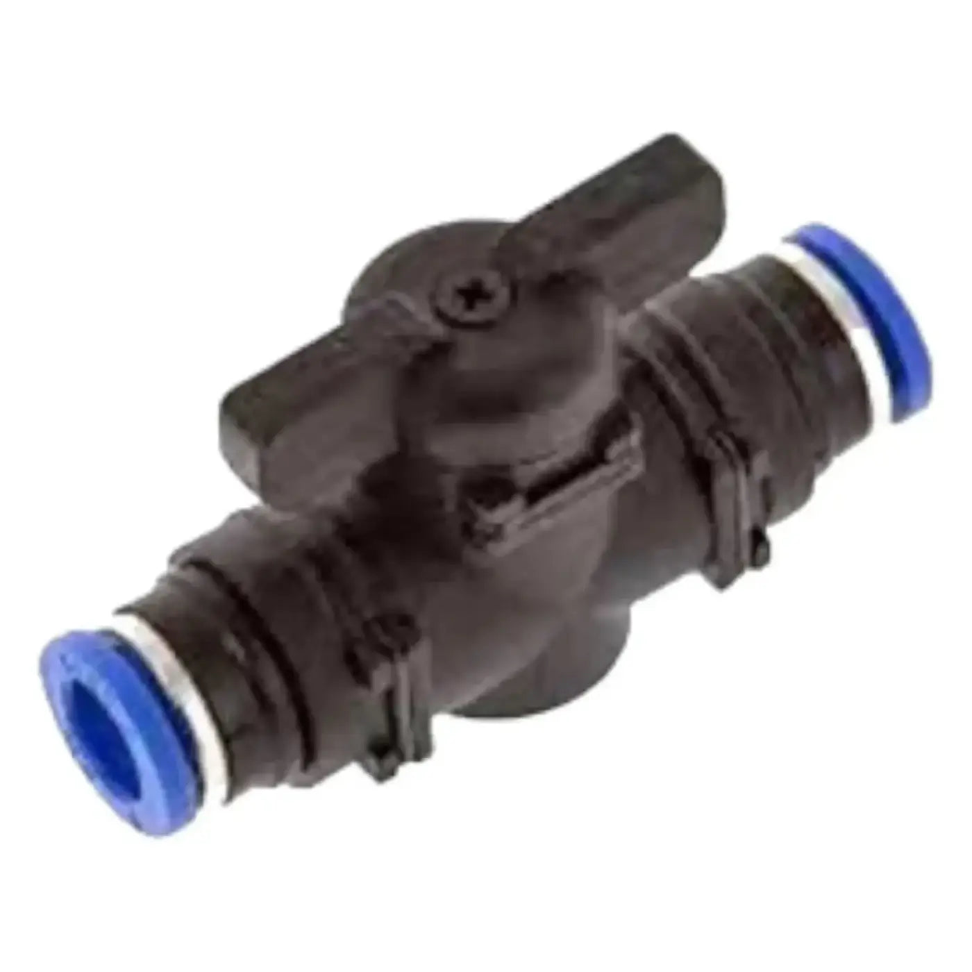 Schwarzes kugelventil aus kunststoff mit blauen gummidichtungen an beiden enden unger nlite wasserflussregler