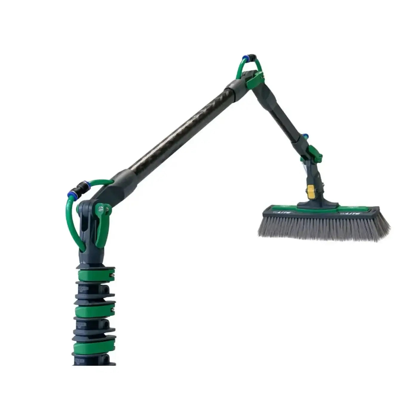 Grüner und schwarzer verlängerbarer fensterreinigungsbürstenkopf mit flexiblem arm und dichten grauen borsten von unger nLite winkeladapter-set ngs