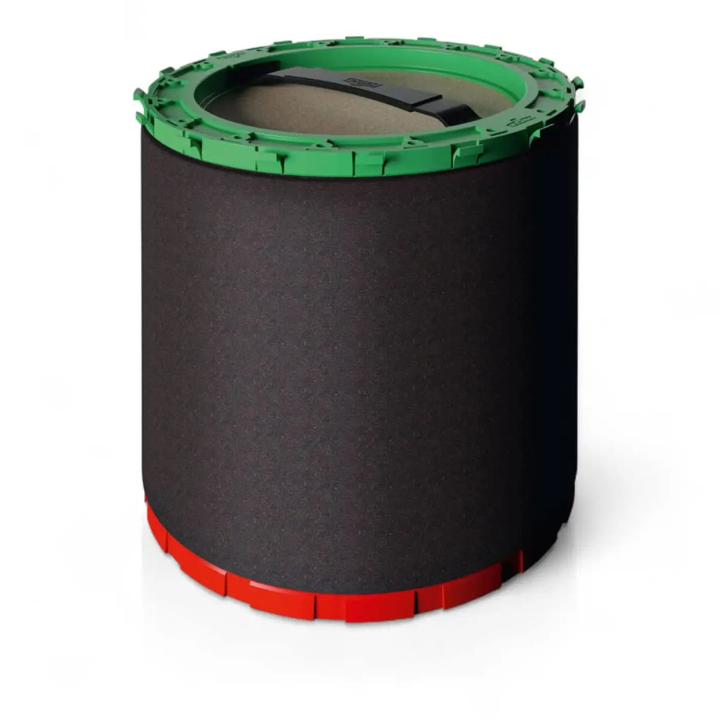 Schwarzer zylindrischer luftfilter mit grünem oberrand und rotem unterrand sowie schwarzem kunststoffriemen für unger ultra harz packs diub