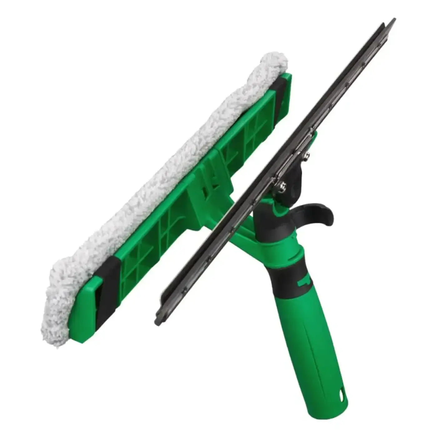 Grüner plastik-schwamm mit weißem mikrofaser-reinigungspad und schwarzem metallrahmen unger visaversa pro 2in1