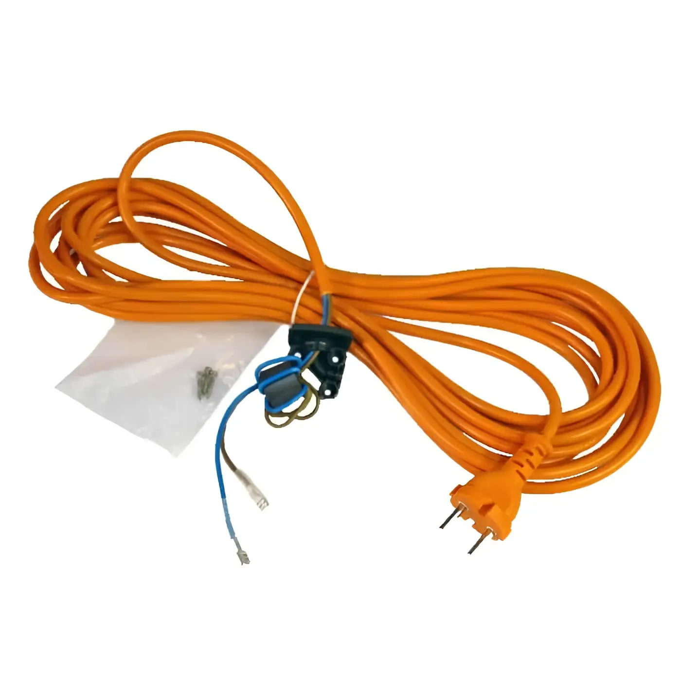 Orange verlängerungskabel mit schwarzer steckleiste und freiliegenden blauen kabelenden im viper stromkabel kit für viper dsu12 dsu15 10m