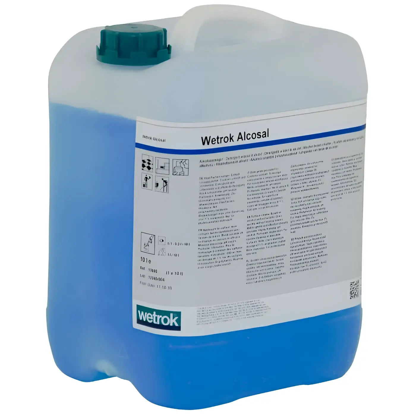 Blauer und weißer plastikkanister mit grünem verschluss labeled wetrok alcosal alkholreiniger 10l