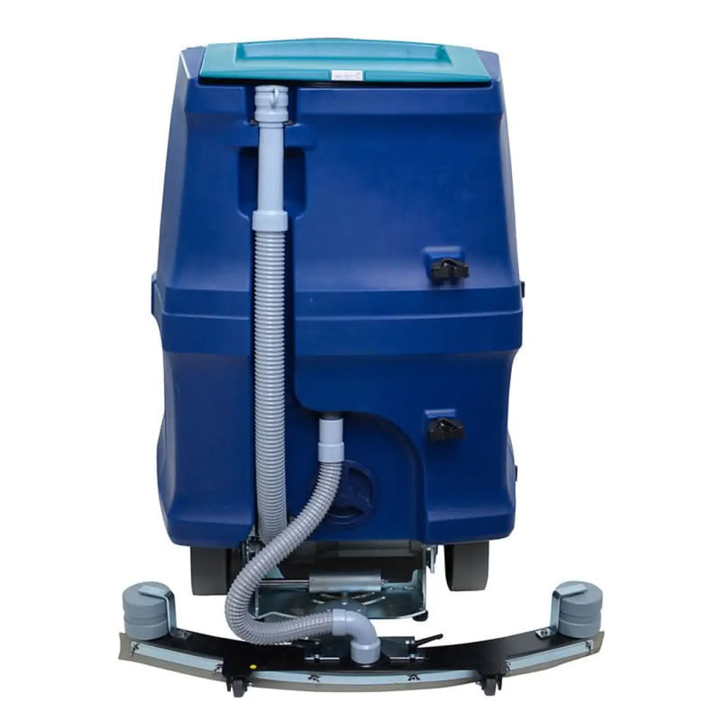 Blauer nasssaug-wischmaschine wetrok drivematic delarge mit türkisfarbenem oberteil und grauen flexiblen schläuchen