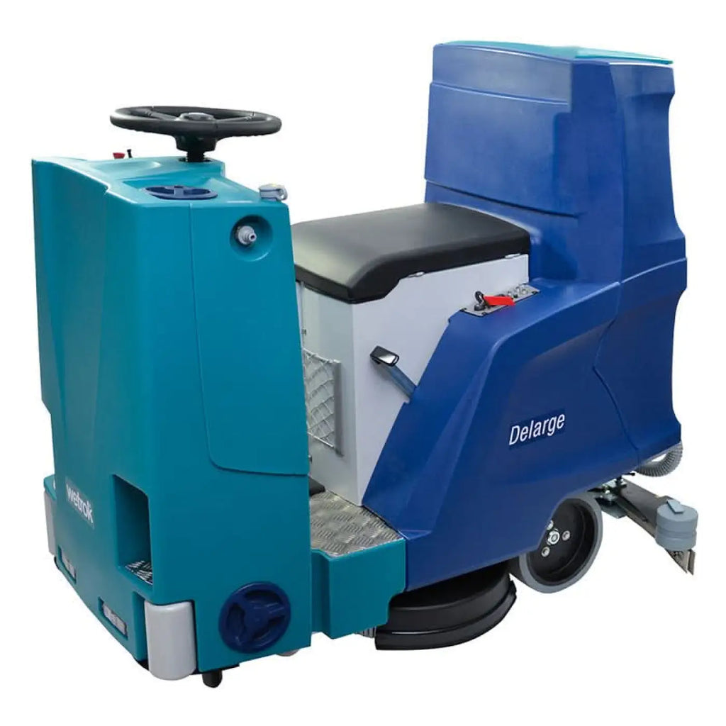 Wetrok drivematic delarge dosing scheuersaugmaschine in blau und türkis mit schwarzem sitz und lenkrad
