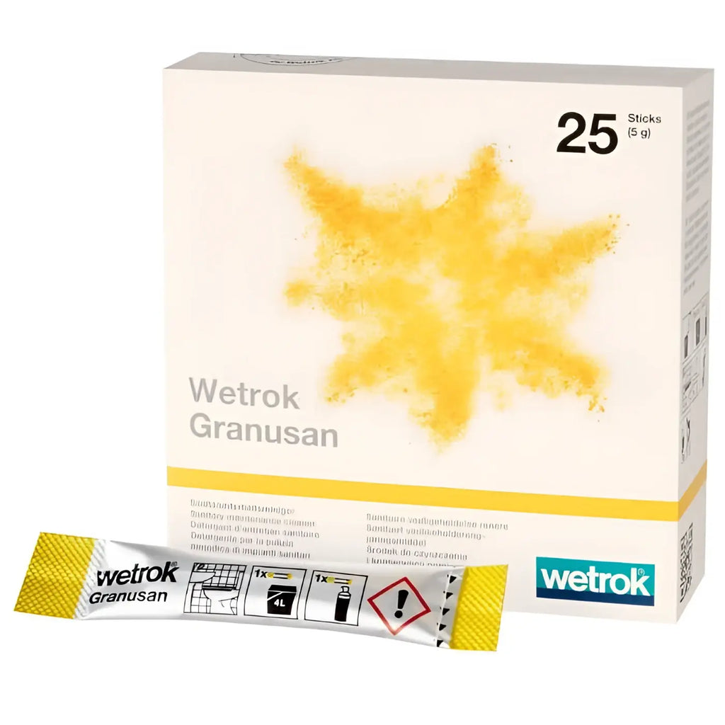 Gelb und silber verpackte Wetrok Granusan Sanitärreiniger Sticks mit sternenburst design auf der box