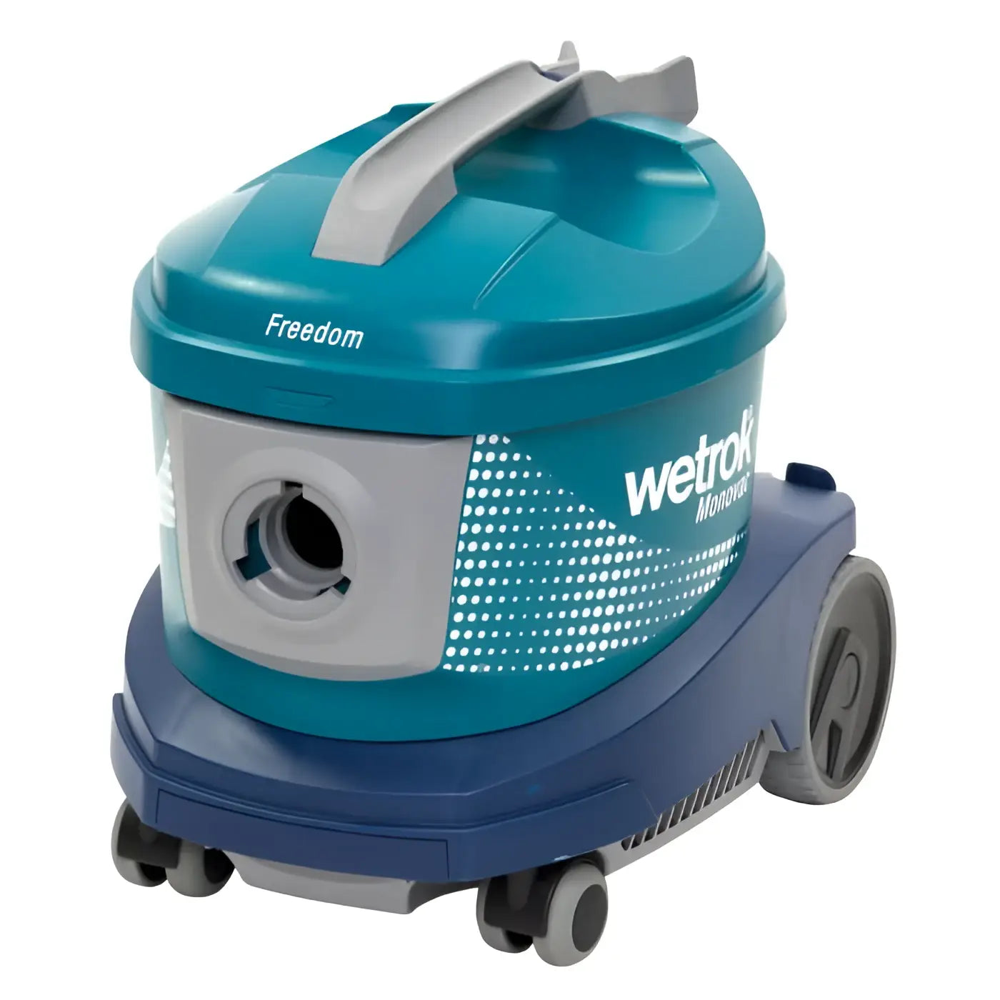 Wetrok monovac freedom kabelloser staubsauger in teal und blau mit grauen akzenten und punktemuster an der seite